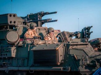 Soldiers, assigned to 5th Battalion, 4th Air Defense Artillery Regiment, move out in their maneuver short-range air-defense vehicle during Exercise Saber Strike 22 at BPTA, Poland, Feb. 24, 2022 (SOURCE: Defense.gov)